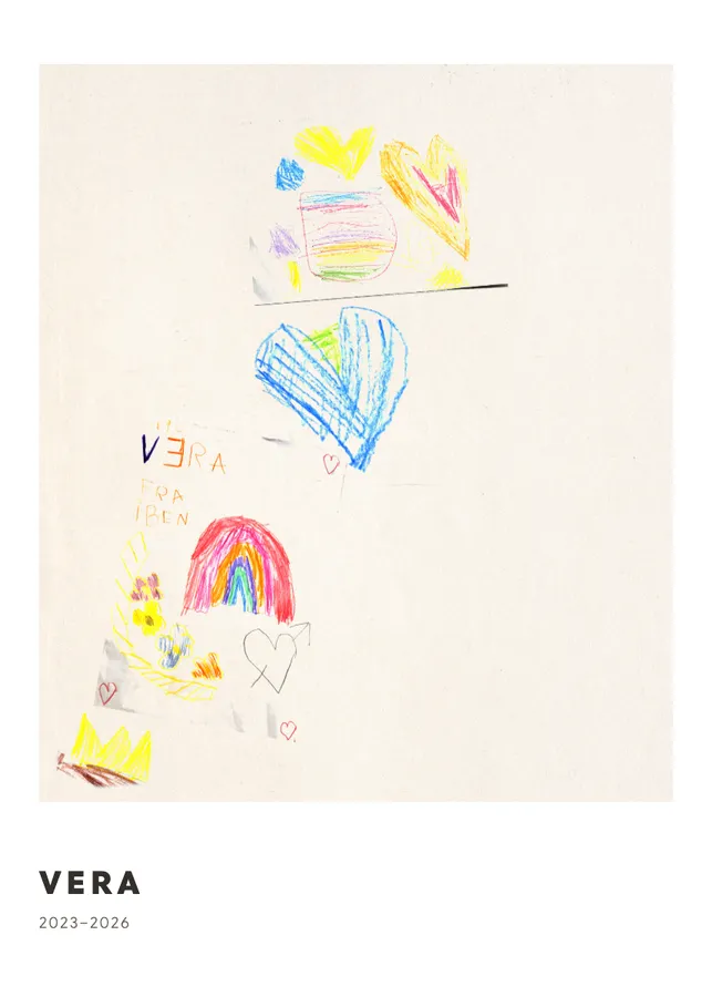 A framed poster with drawings and the name Vera