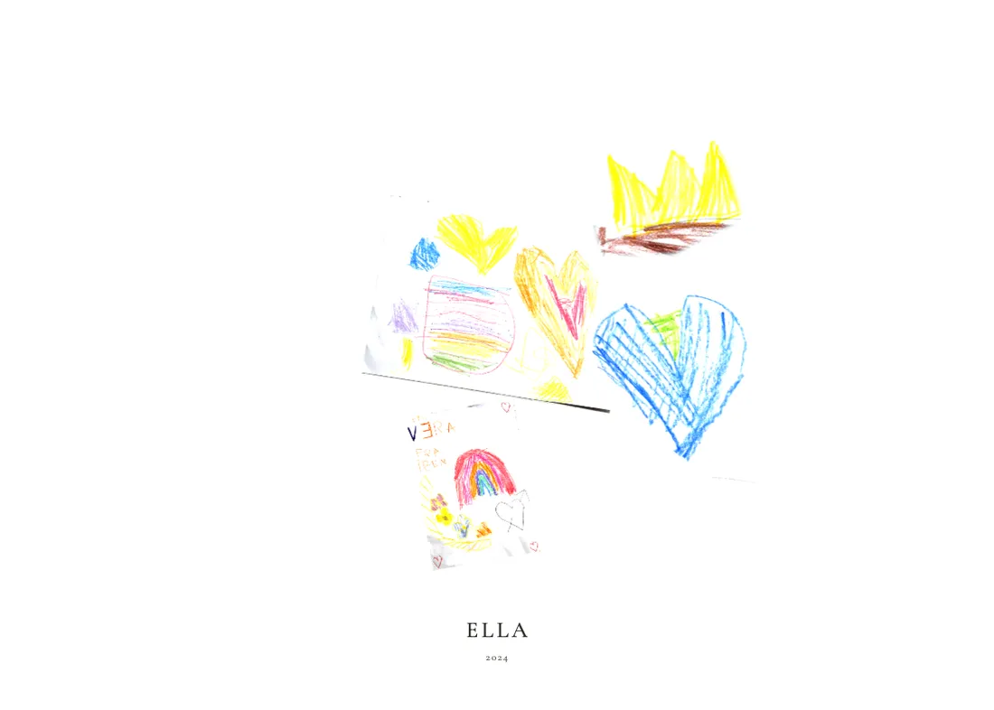 A white landscape poster with drawings and the name Ella