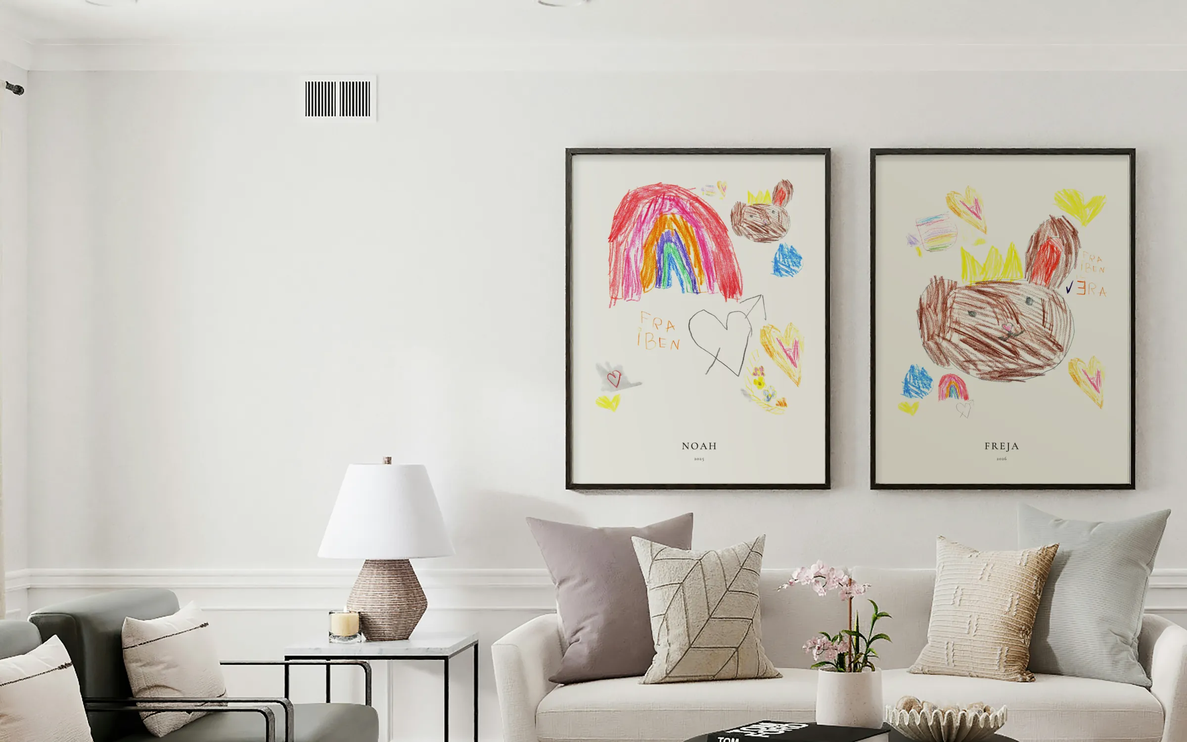 Posters of children's drawings on the wall of a living room