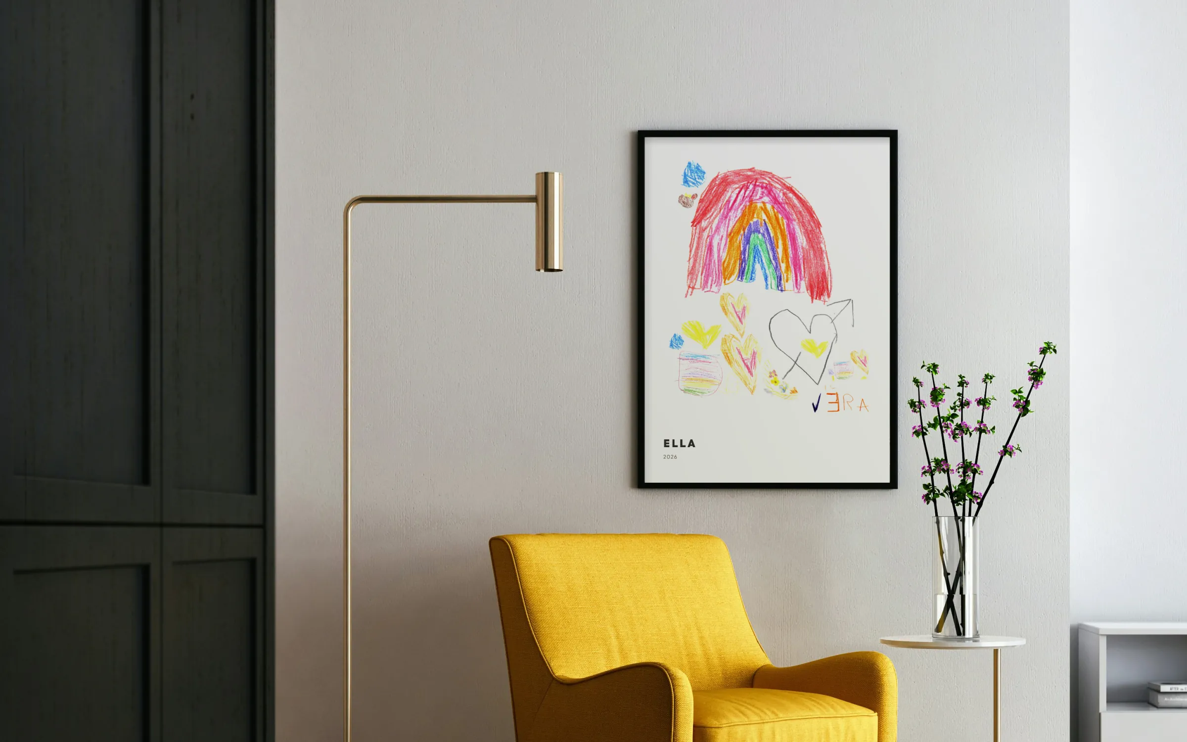 Posters of children's drawings on the wall of a living room