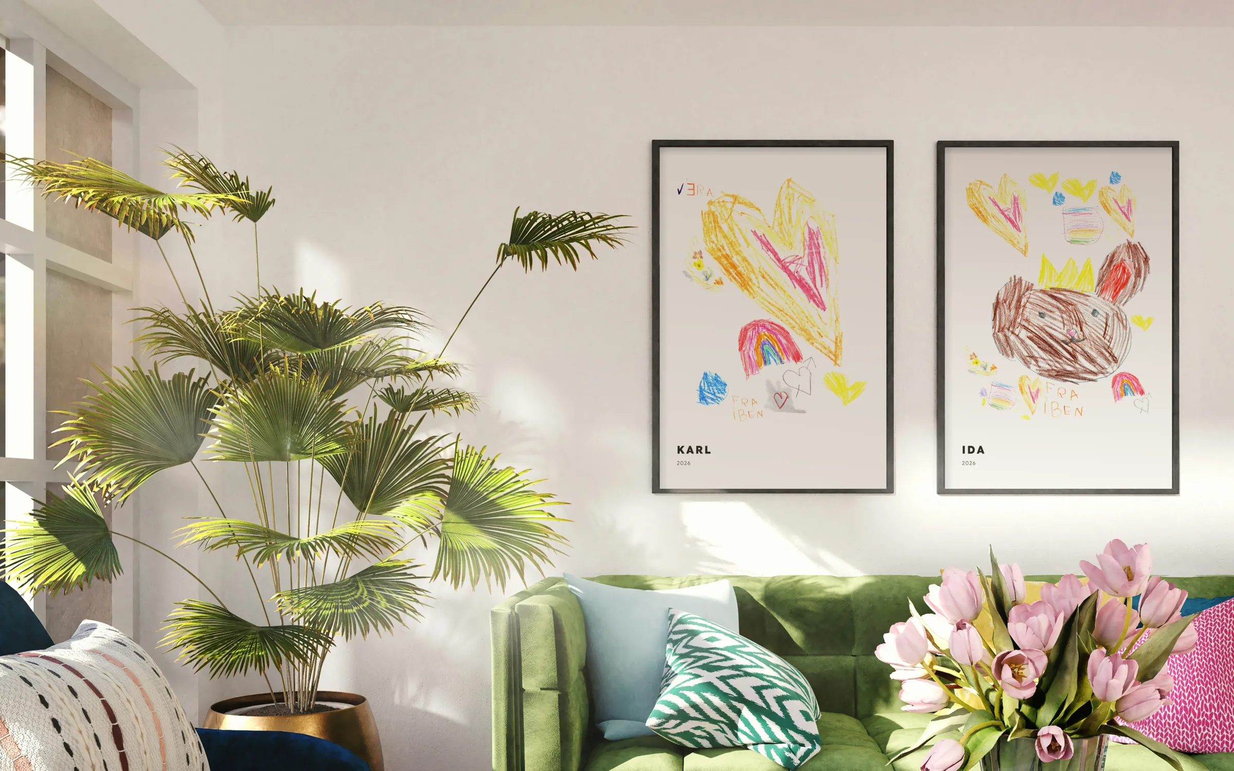 Posters of children's drawings on the wall of a living room