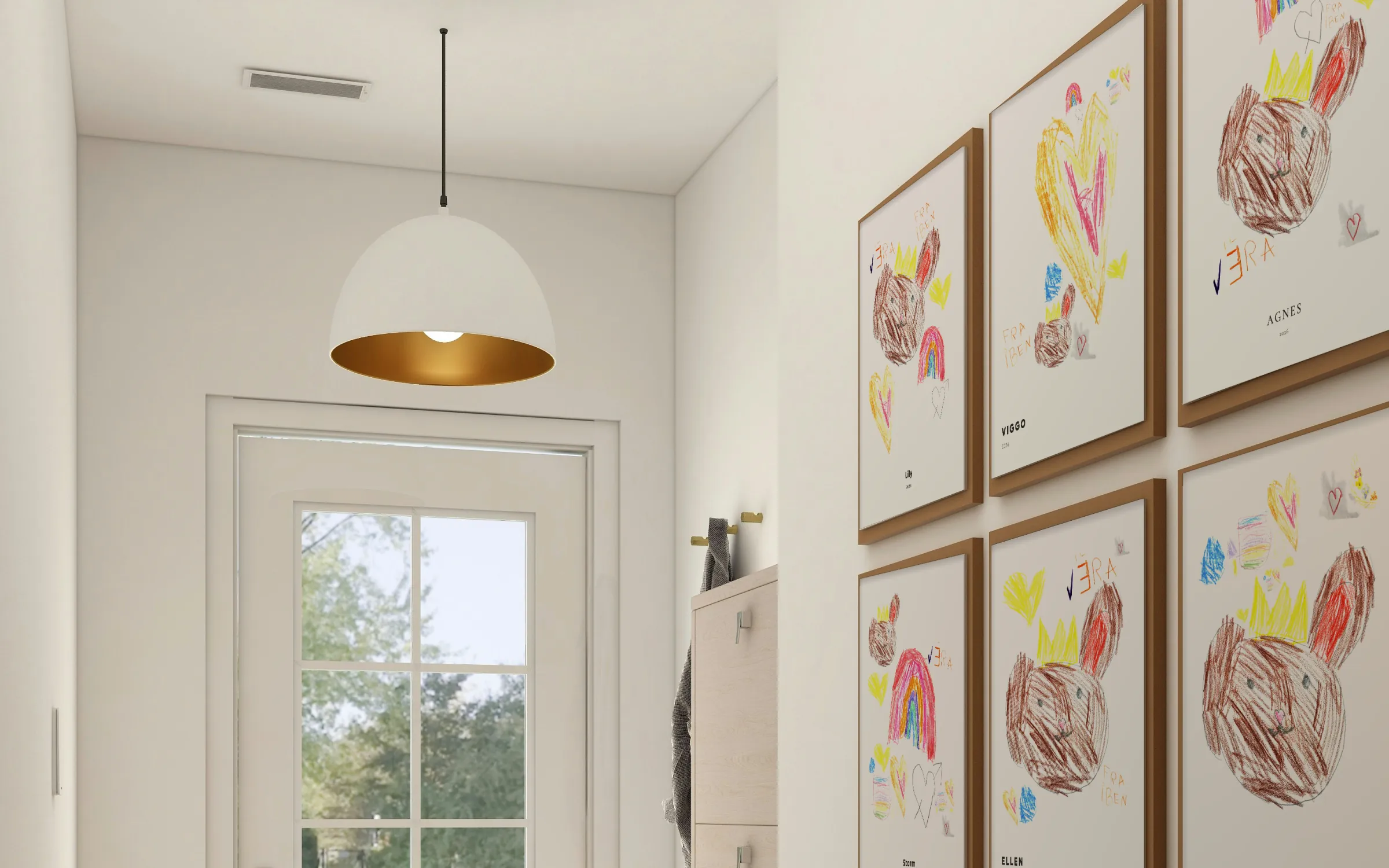 Posters of children's drawings on the wall of a hallway gallery wall