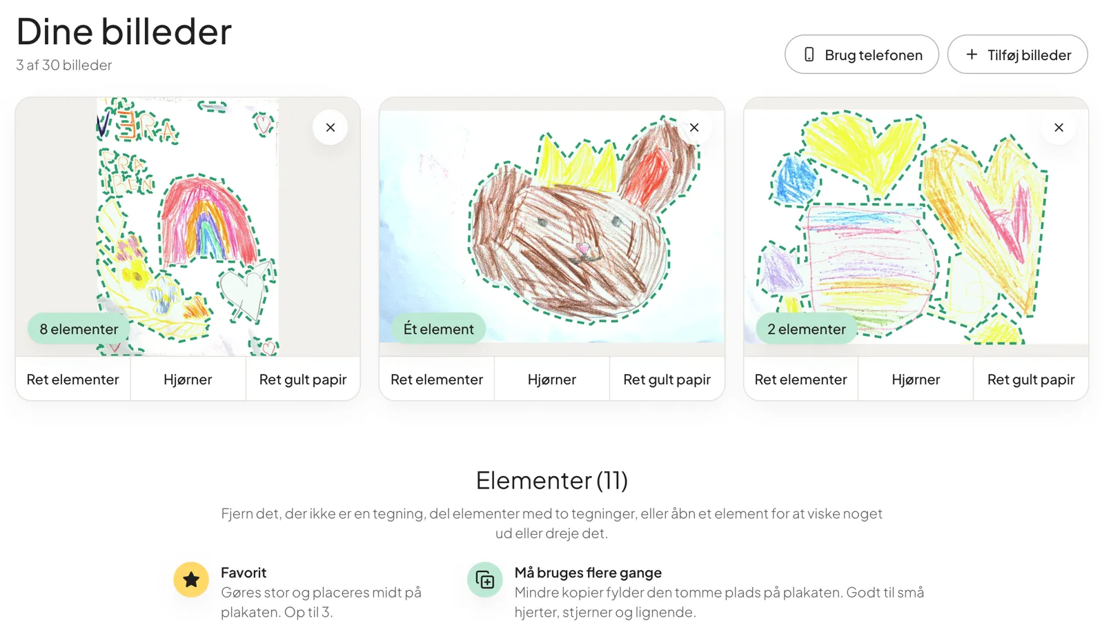 Tegningerne fundet på hvert billede med en stiplet kant, og elementerne nedenunder