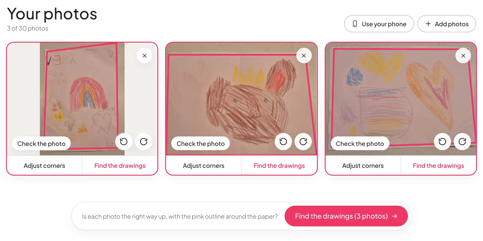 Trois photos de dessins avec un contour rose autour du papier