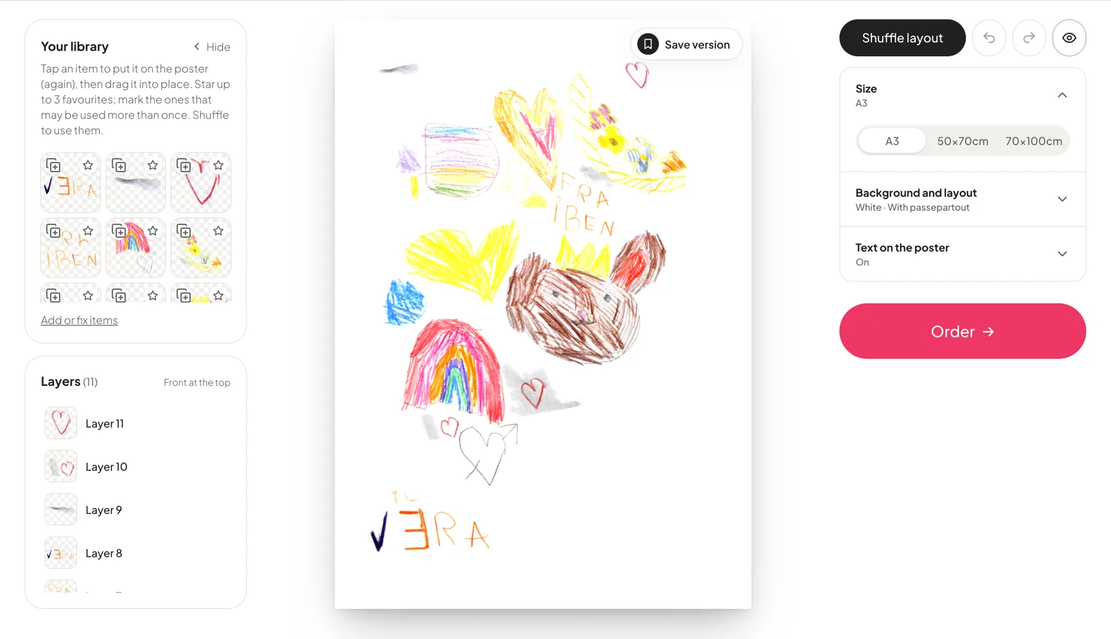 L’éditeur d’affiche avec un collage de dessins et les réglages